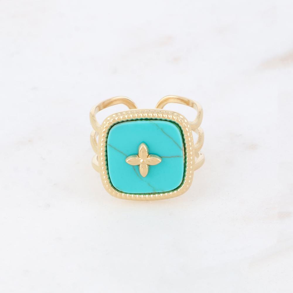 Bague 3 rangs avec pierre naturelle et d'un motif au centre - Turquoise