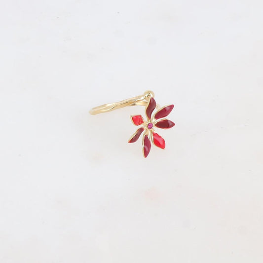 Bague fine avec fleur émaillée et strass - Bordeaux