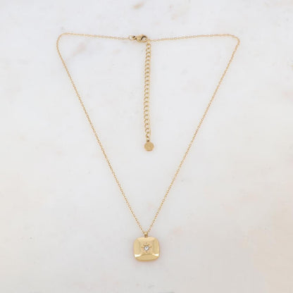 Collier avec pendentif carré, étoile et strass blanc (38+7CM)