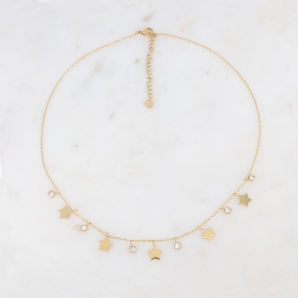 Collier doré composé de pendants étoile et de strass blancs 40+5 cm