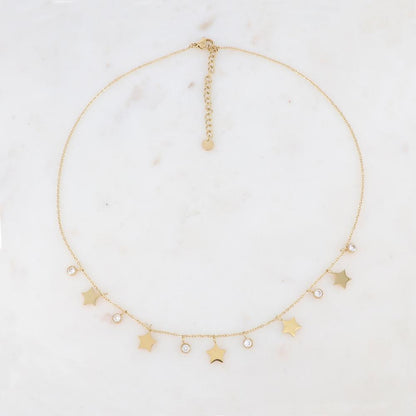 Collier doré composé de pendants étoile et de strass blancs 40+5 cm