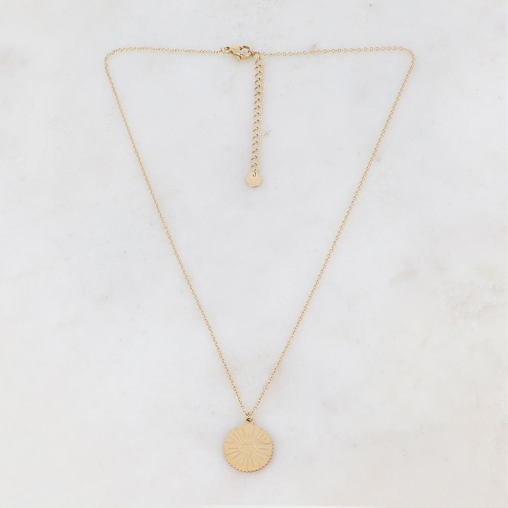 Collier doré composé d'un pendentif rond avec un motif oeil bienveillant 40+5 cm
