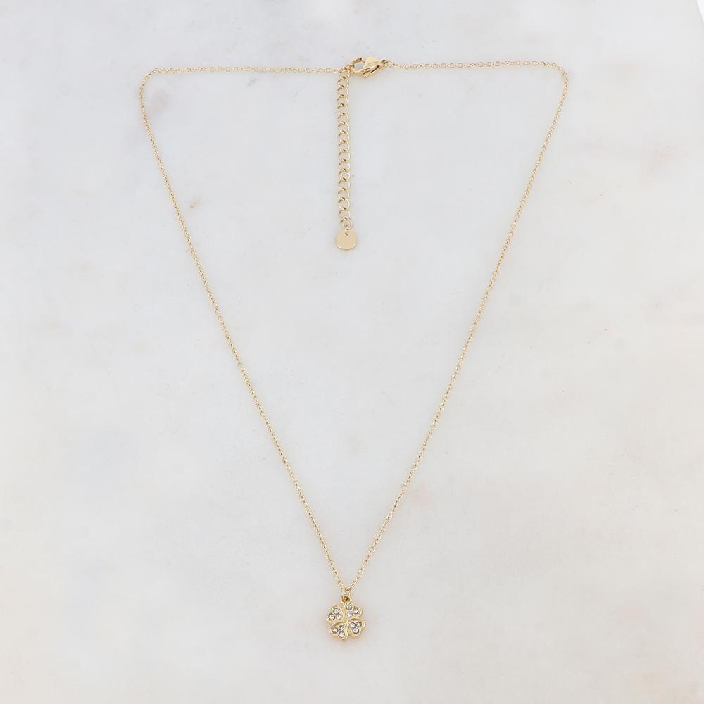 Collier doré avec un pendentif en forme de trèfle à 4 feuilles et orné de strass blancs 41+5 cm