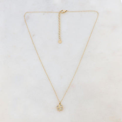 Collier doré avec un pendentif en forme de trèfle à 4 feuilles et orné de strass blancs 41+5 cm