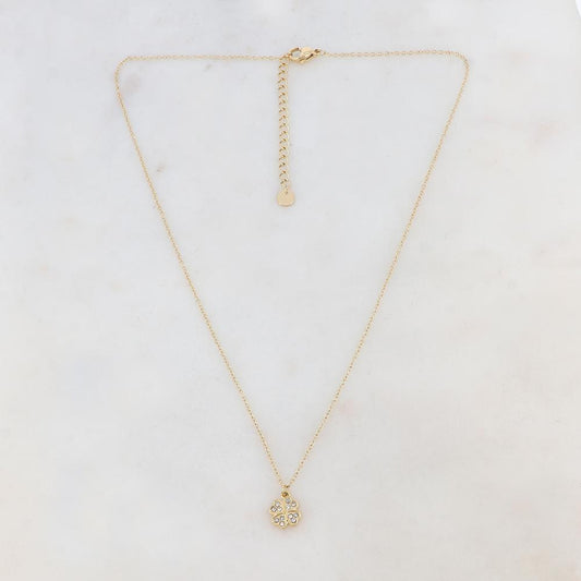 Collier doré avec un pendentif en forme de trèfle à 4 feuilles et orné de strass blancs 41+5 cm