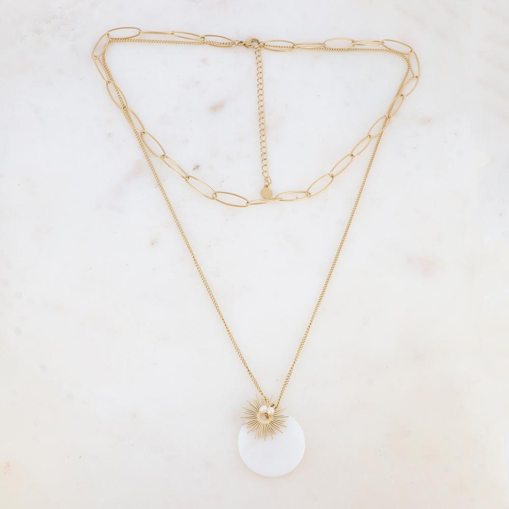 Collier 2 rangs avec maille, soleil, perles d'eau douce, soleil et pendentif en nacre blanche (38/50+7CM)