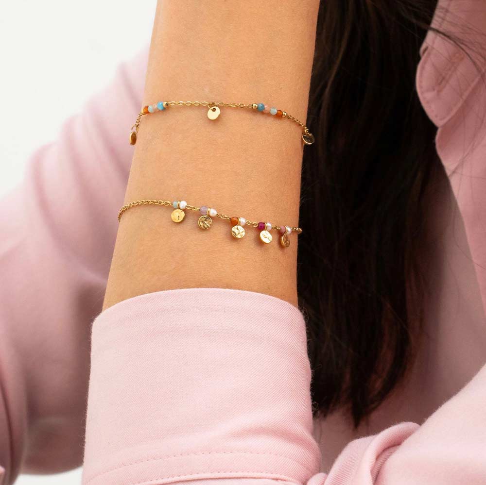 Bracelet - pampilles rondes texturées, perles oxydes de zirconium et perles d'eau douce 16+3 cm