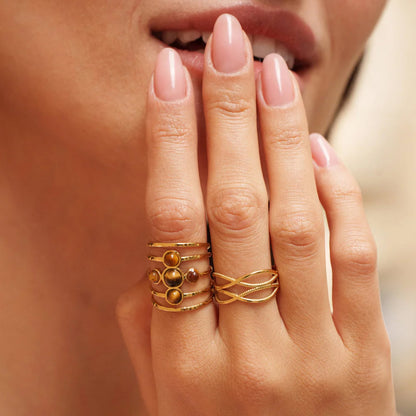 Bague ajustable 5 rangs avec 5 pierres naturelles - Œil de tigre