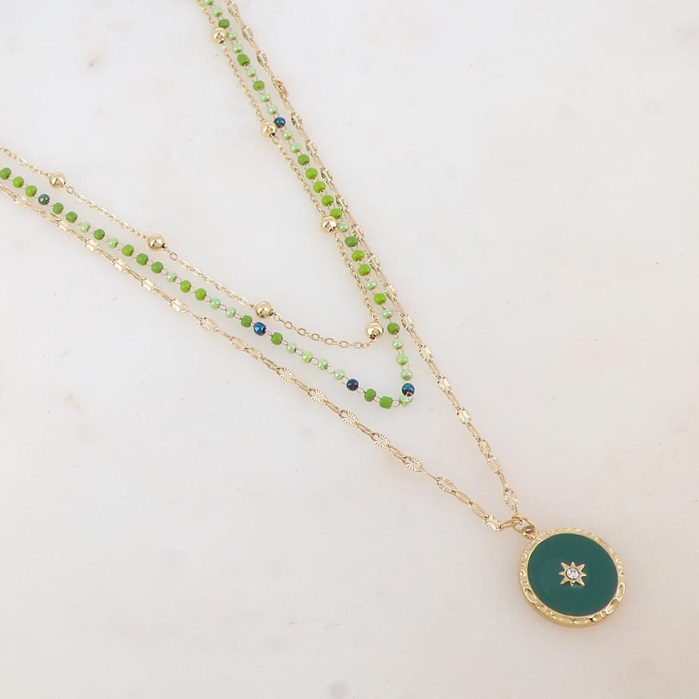 Collier 3 rangs avec perles émaillées, petites boules, pendentif rond émaillé, étoile et strass (404245+5CM)