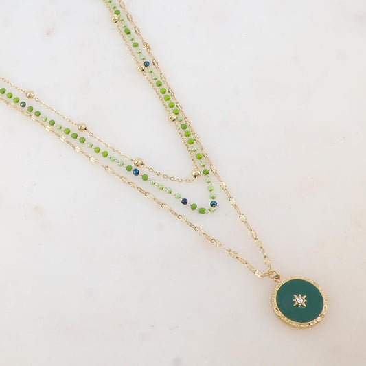 Collier 3 rangs avec perles émaillées, petites boules, pendentif rond émaillé, étoile et strass (404245+5CM)