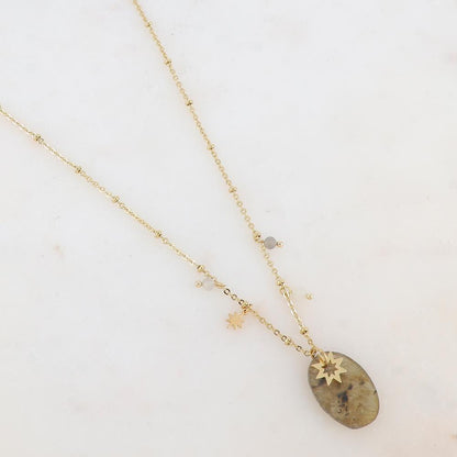 Collier avec pampilles étoiles et pierre labradorite 45+5 cm