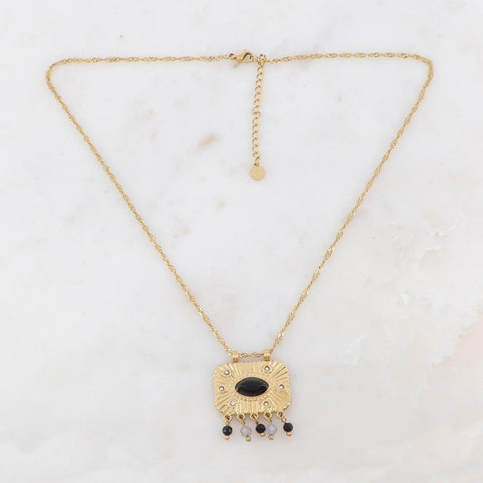 Collier sur chaîne doré composé d'une pièce rectangulaire motif serpent ornée de strass blancs, et pierres naturelles onyx et agate noire 40+5 cm