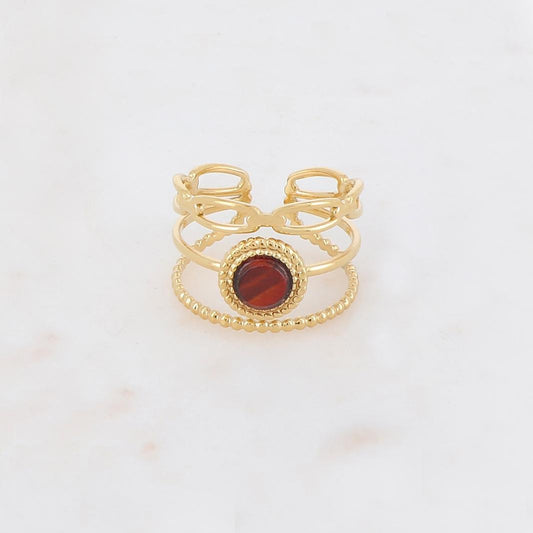 Bague 3 rangs avec pierre naturelle ronde - Œil de tigre