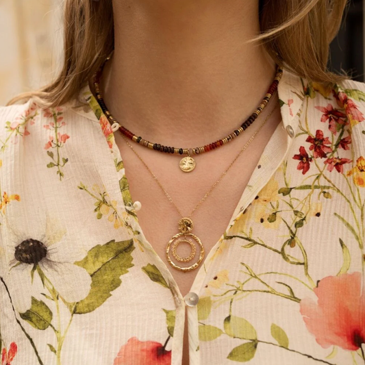 Collier avec pendentif rond et embelli de perles en agate noire, blanche, orange et œil de tigre (39+7CM)
