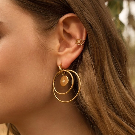 Créoles à puce avec 2 anneaux, 1 pampille ronde avec étoile et strass 4 x 4,8 CM