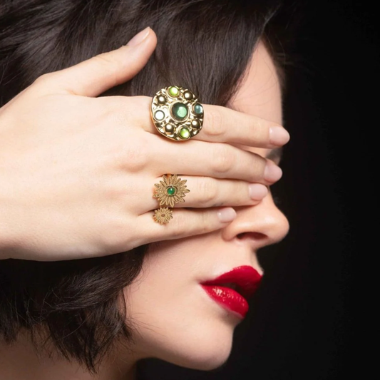 Bague ronde avec 5 pâtes de verre rondes - Vert