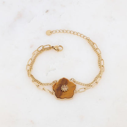 Bracelet deux rangs avec fleur en pierre naturelle, strass