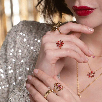 Bague ajustable avec fleur émaillée et strass - Bordeaux mix