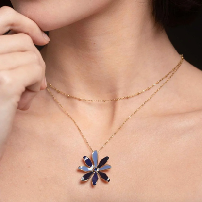 Collier 2 rangs avec pendentif fleur émaillée et strass (39/44+7CM)