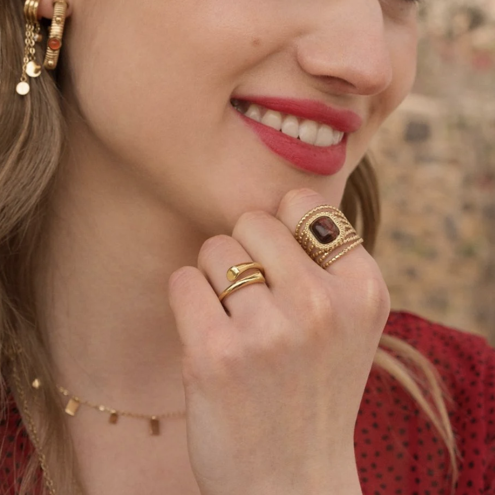 Bague multi-rangs style semainier avec pierre naturelle rectangle - Œil de taureau