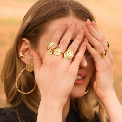 Bague fine avec feuille et pierre naturelle - Rhodonite