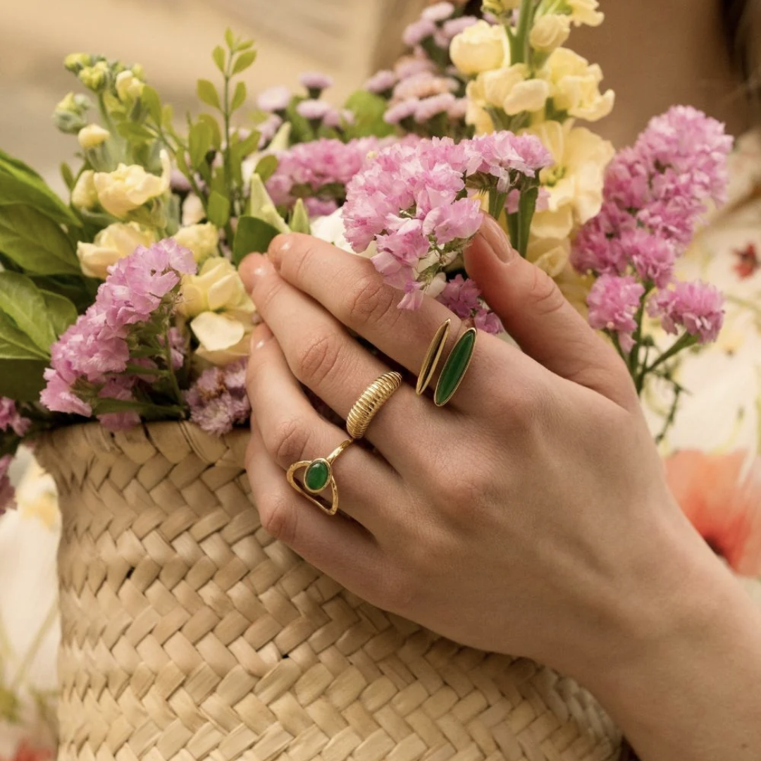 Bague fine double rangs devant, pierre naturelle - Jade vert