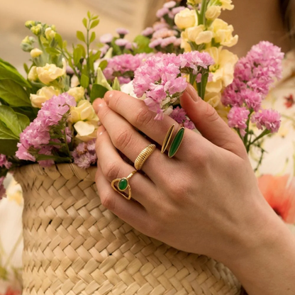 Bague fine double rangs devant, pierre naturelle - Jade vert