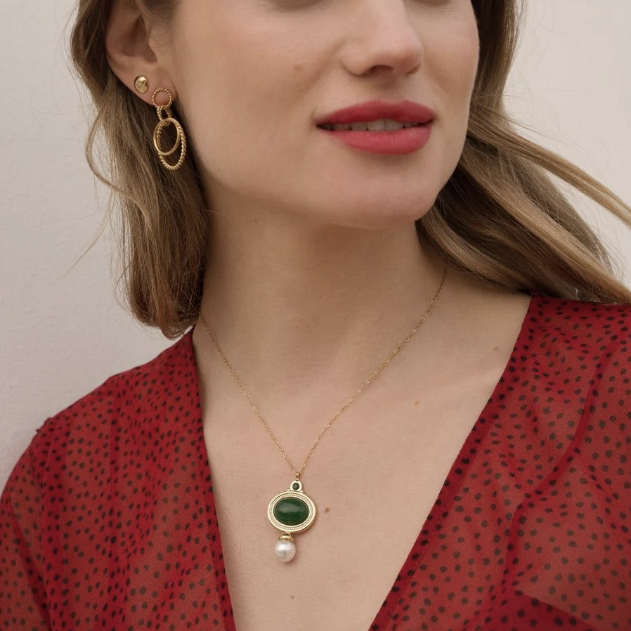 Collier avec pendentif ovale, strass, nacre et perle d'eau douce (40+5CM)