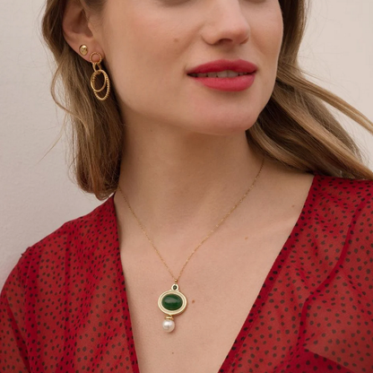 Collier avec pendentif ovale, strass, nacre et perle d'eau douce (40+5CM)