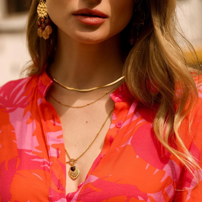 Collier 3 rangs avec pendentif cœur ajouré, pierre naturelle et strass (38/44/55+7CM)