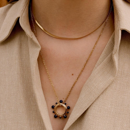 Collier 2 rangs avec pendentif anneau embelli de boules émaillées (40/55+5CM)