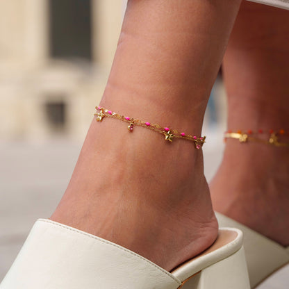 Chaîne de cheville 2 rangs avec pièces émaillées, fleurs et pampilles rondes serties d'un strass (21+5CM)