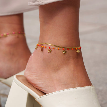 Chaîne de cheville 2 rangs avec maille miroir, pâtes de verres et pampilles fleurs (21+5CM)