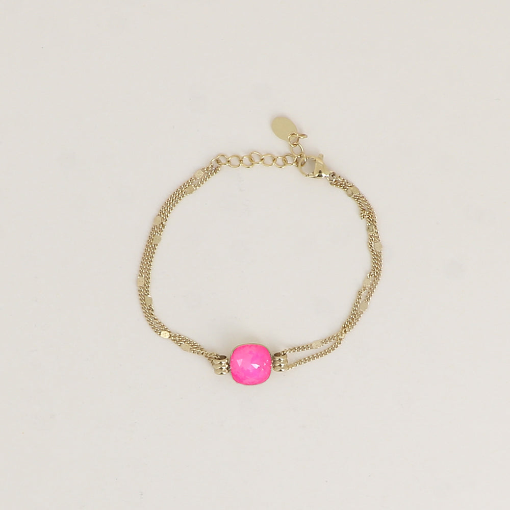 Bracelet double rangs - Orné d’un cristal de Swarovski® de 10 mm - Taille bracelet : 16+3 cm - Electric pink