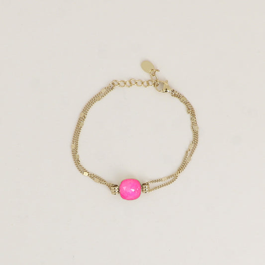 Bracelet double rangs - Orné d’un cristal de Swarovski® de 10 mm - Taille bracelet : 16+3 cm - Electric pink