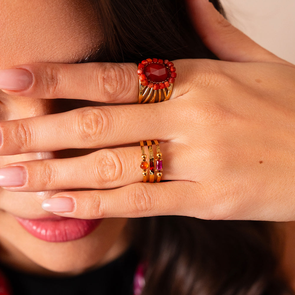Bague 3 rangs avec pierre naturelle strass