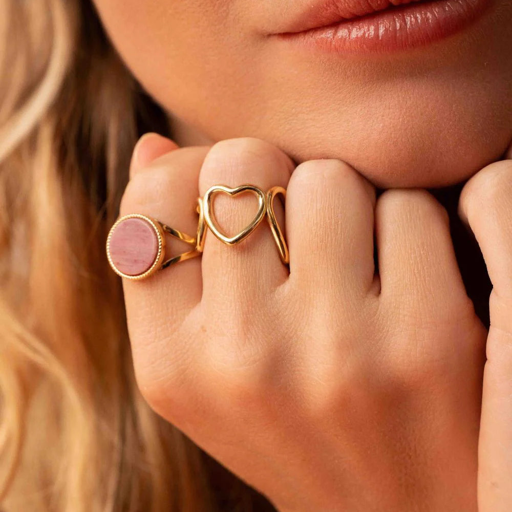 Bague ronde avec pierre naturelle - Rhodonite