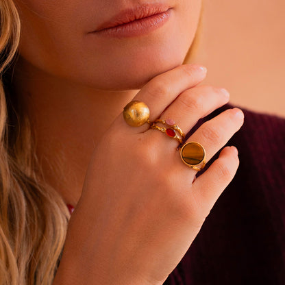 Bague fine avec pierre naturelle et strass - Cornaline