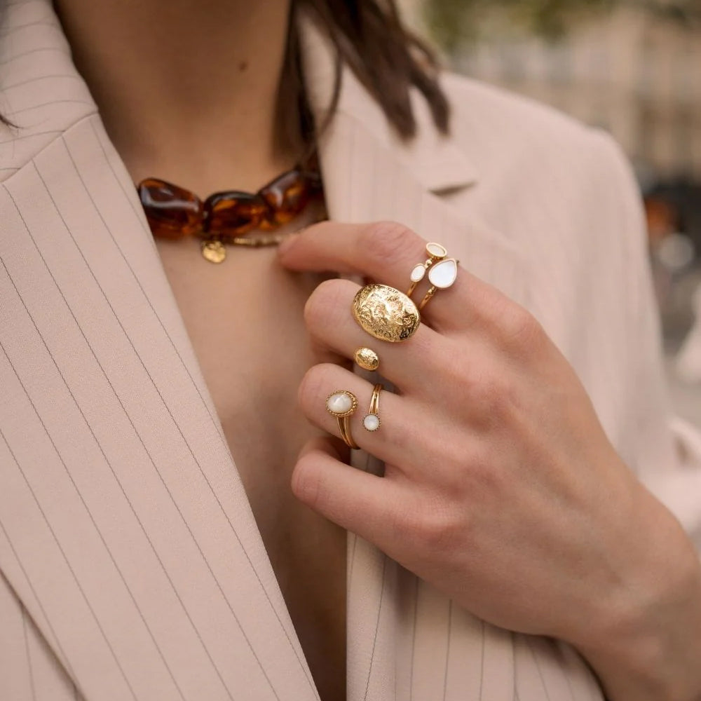 Bague deux rangs avec pierre naturelle - Nacre
