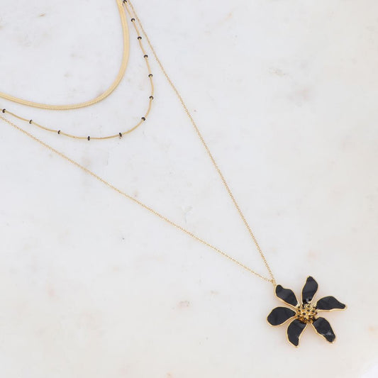 Collier doré avec des petites rondelles et une fleur émaillées noires 40/48/65+5 cm