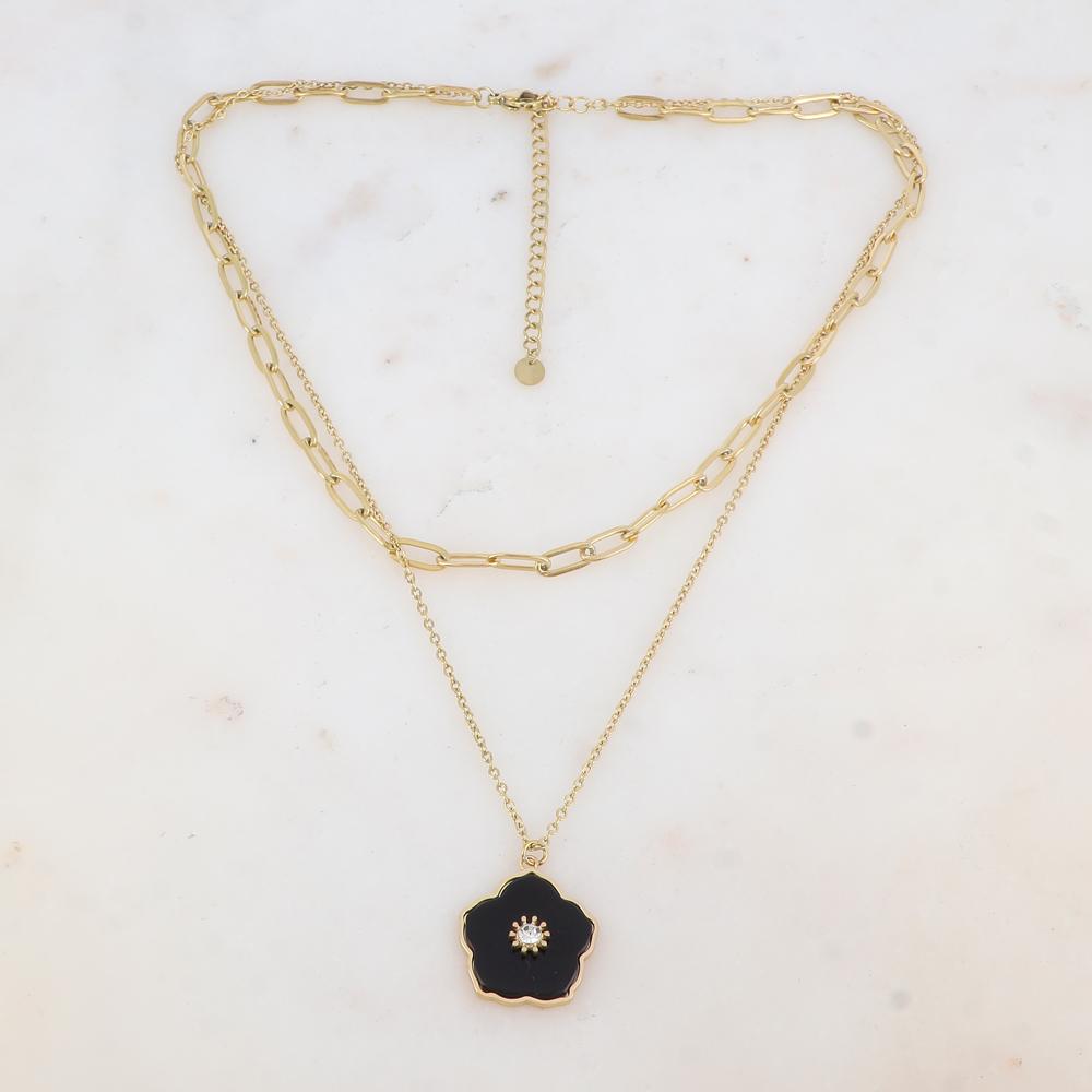 Collier double rangs avec pendentif fleur en pierre naturelle et strass (38/42+7CM)