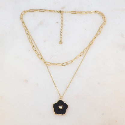 Collier double rangs avec pendentif fleur en pierre naturelle et strass (38/42+7CM)