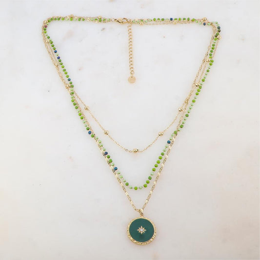 Collier 3 rangs avec perles émaillées, petites boules, pendentif rond émaillé, étoile et strass (404245+5CM)