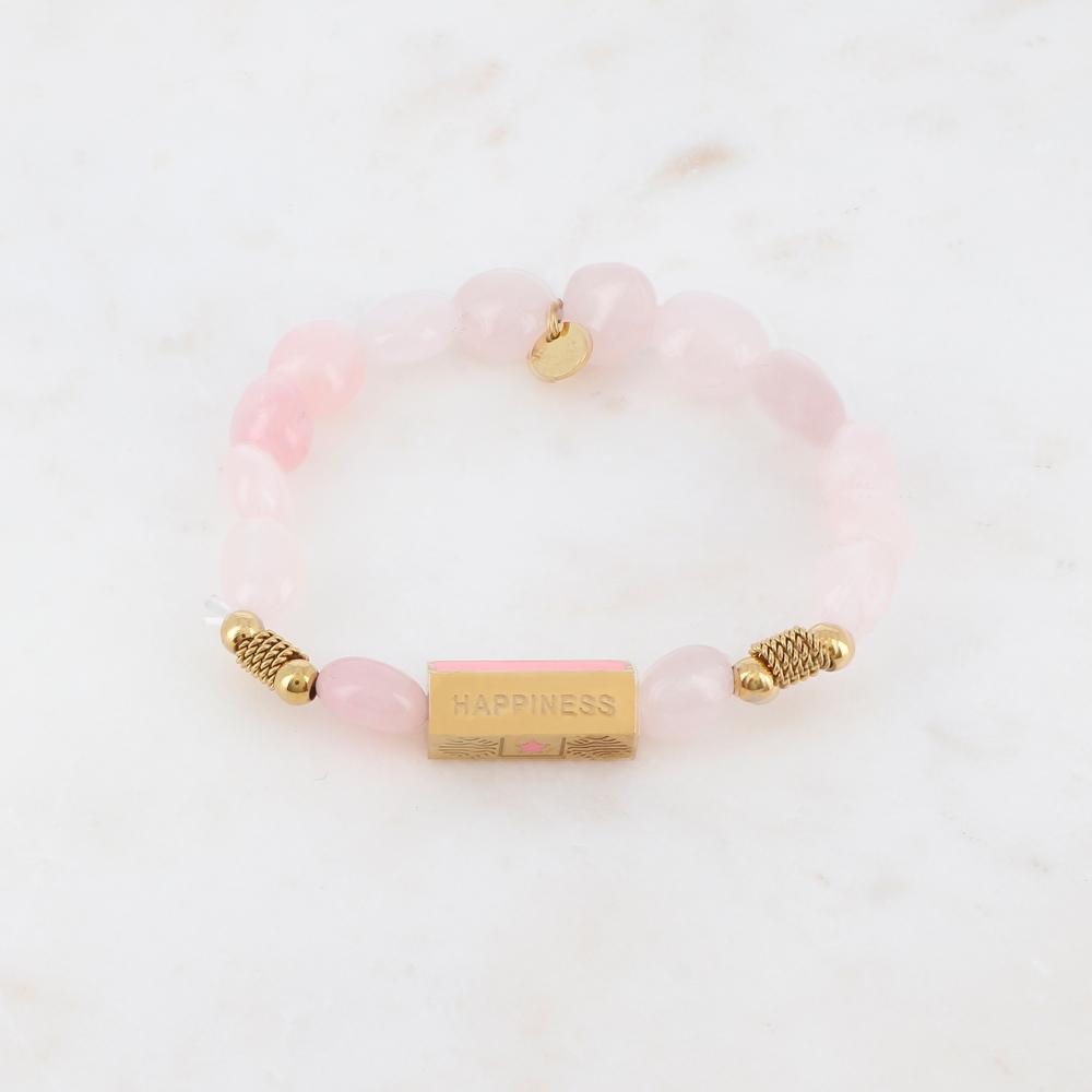 Bracelet élastique avec pierres naturelles, boules, chaînes torsadées, pièce géométrique en 5 faces - Quartz rose