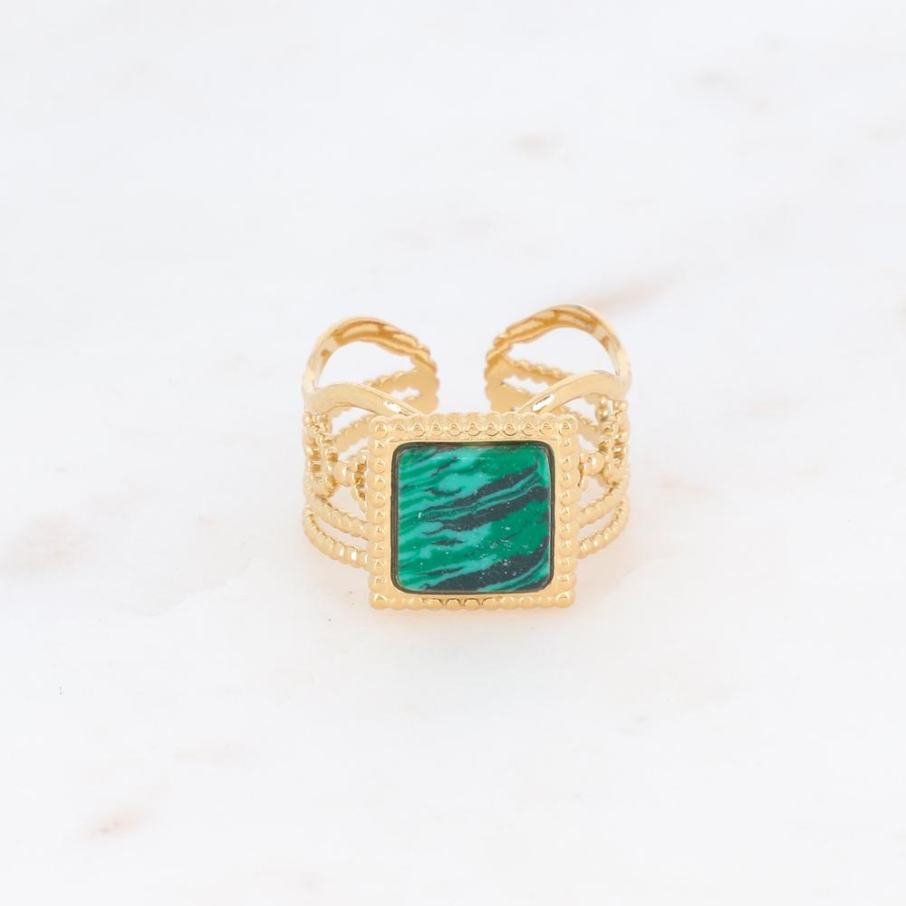 Bague ajourée avec une pierre reconstituée carrée - Malachite