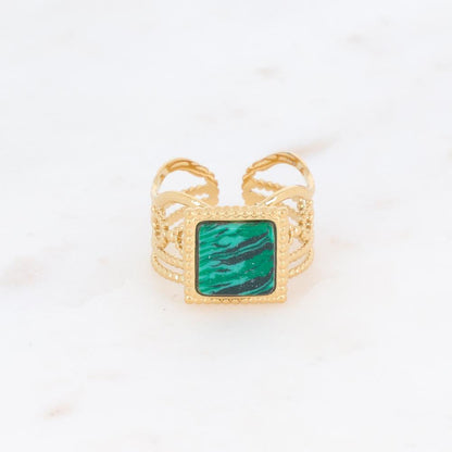 Bague ajourée avec une pierre reconstituée carrée - Malachite