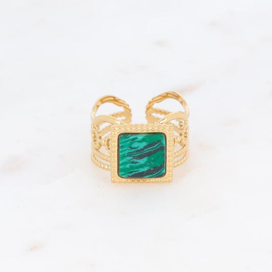 Bague ajourée avec une pierre reconstituée carrée - Malachite