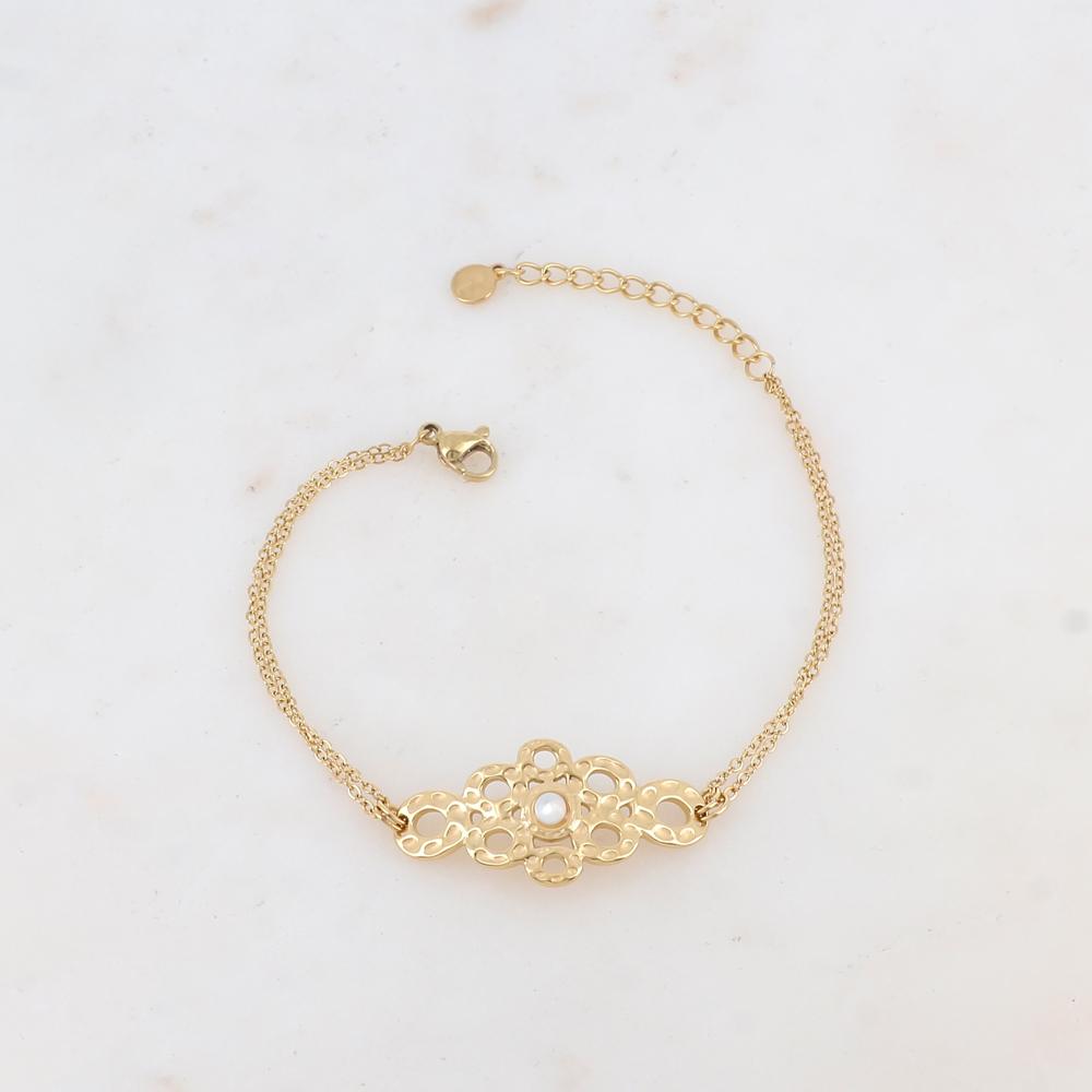 Bracelet avec pièce ajourée de façon muli-ronds, nacre