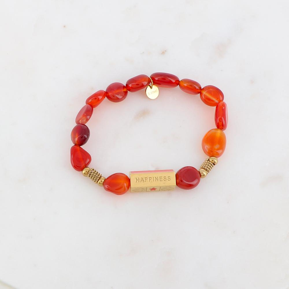 Bracelet élastique avec pierres naturelles, boules, chaînes torsadées, pièce géométrique en 5 faces - Cornaline