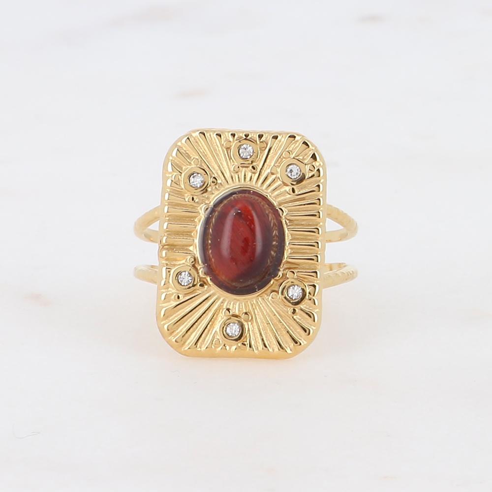 Bague rectangle réglable avec pierre naturelle et strass - Œil de tigre